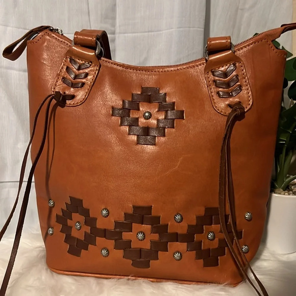American West Womens Tribal Weave Golden Tan Leather Handbag - Picture 3 of 10